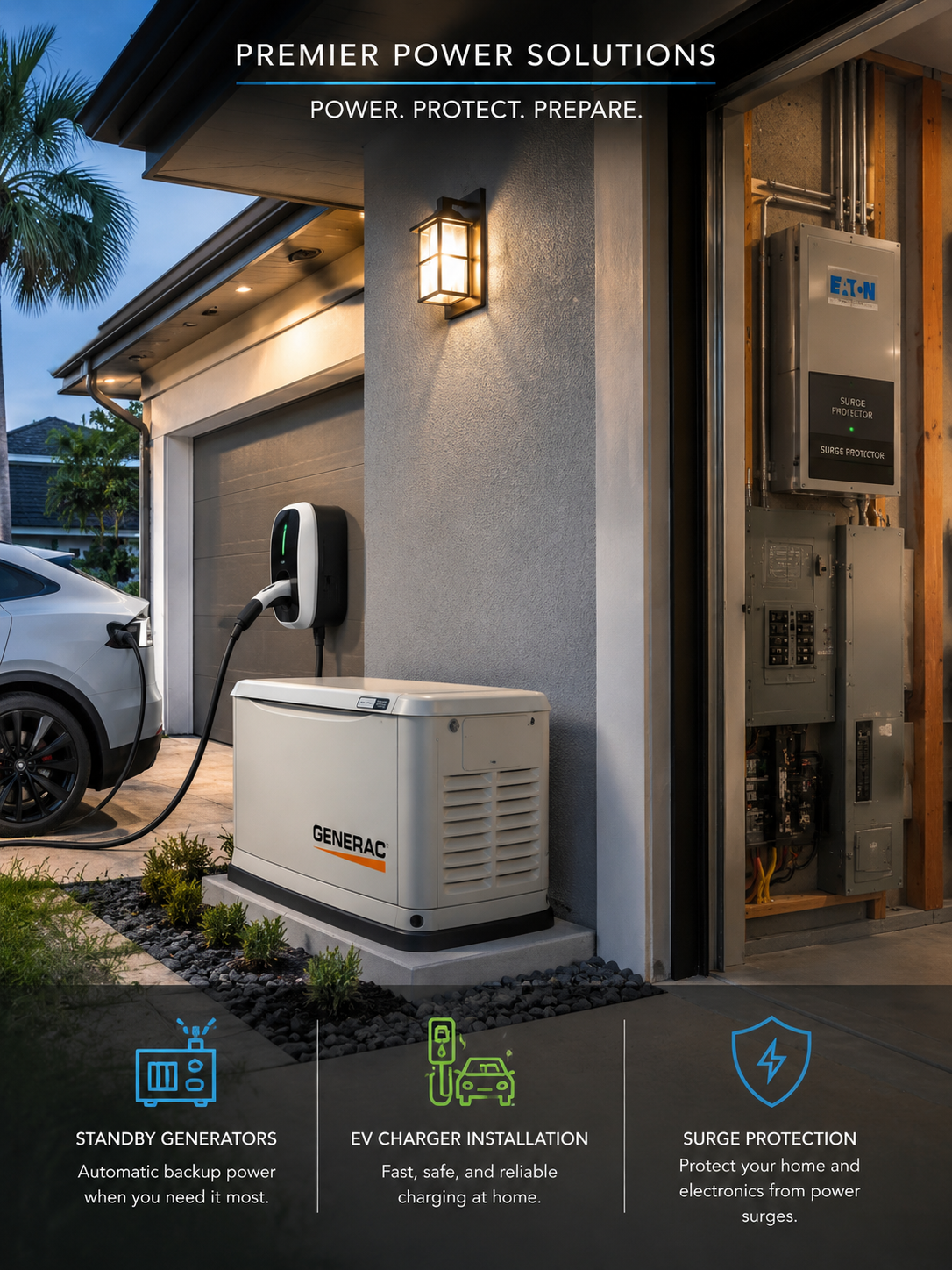 Residential EV charger, Generac standby generator and surge protection