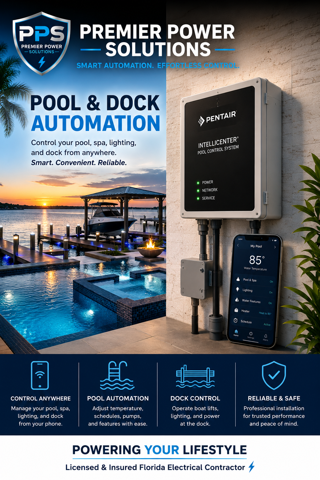 Pool and dock electrical automation and control system