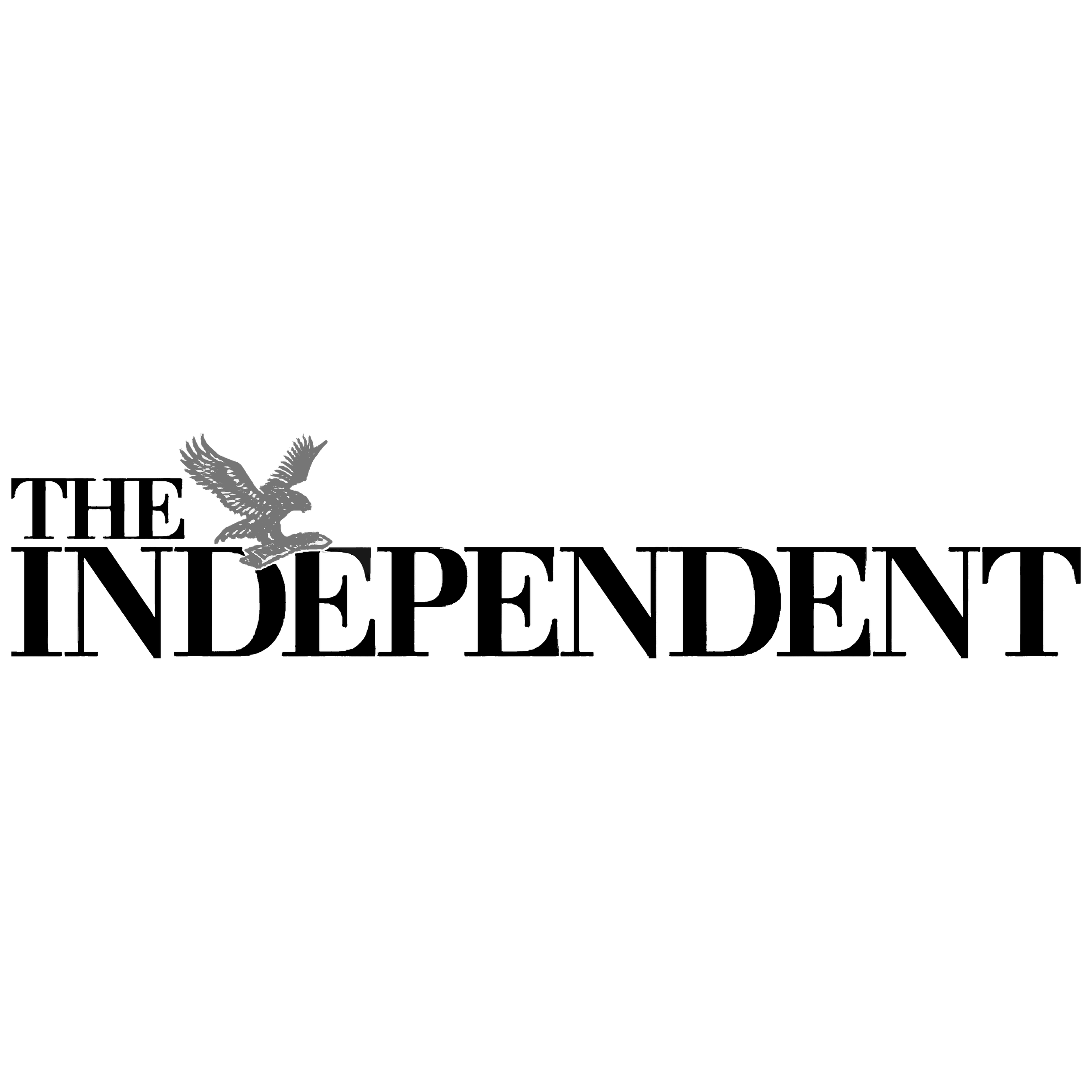 Black background with white silhouette of an eagle with wings spread, perched on a branch, with some text below.