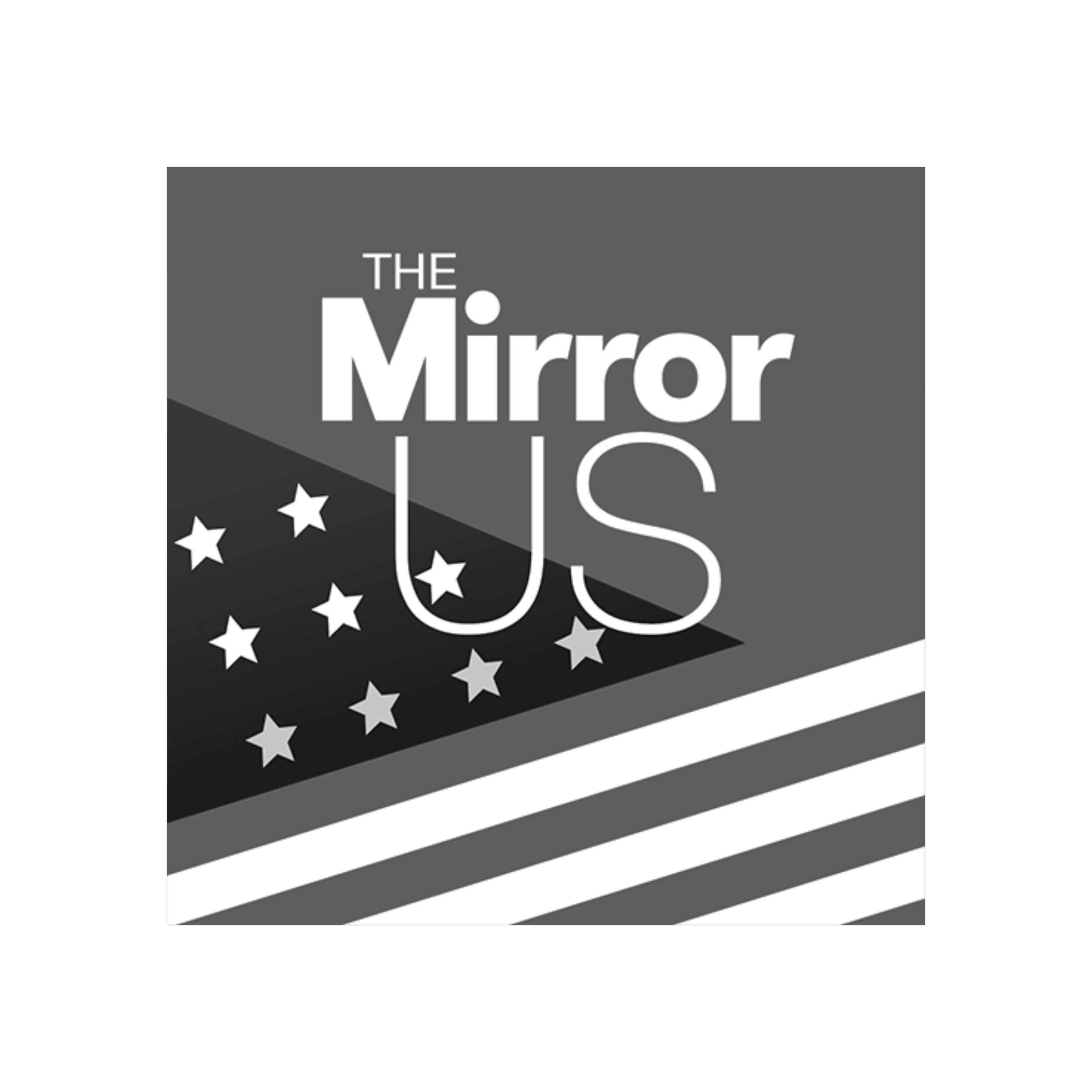 Close-up of a photo with the words "THE MIRROR" written in large white letters on a gray background, with a pattern of white stars on a black and striped background.