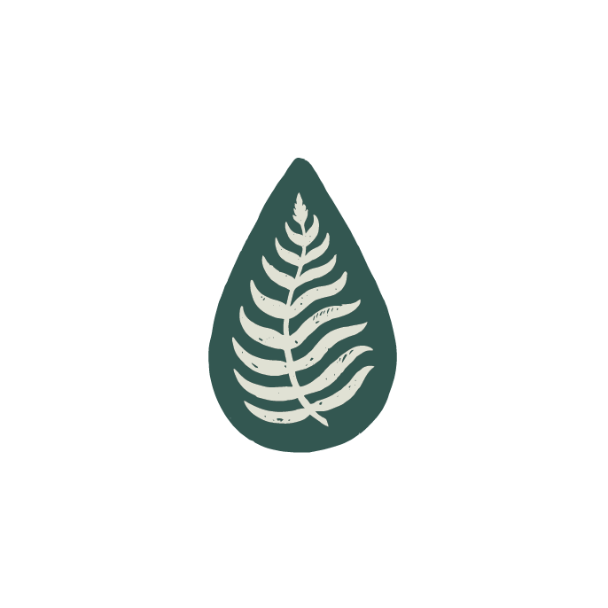 A logo featuring a white fern leaf inside a teal teardrop shape