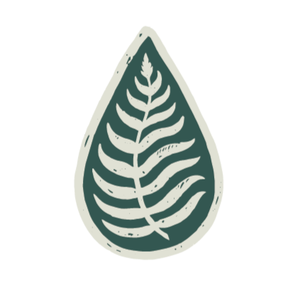 Illustration of a green leaf with a white outline and stylized veins.