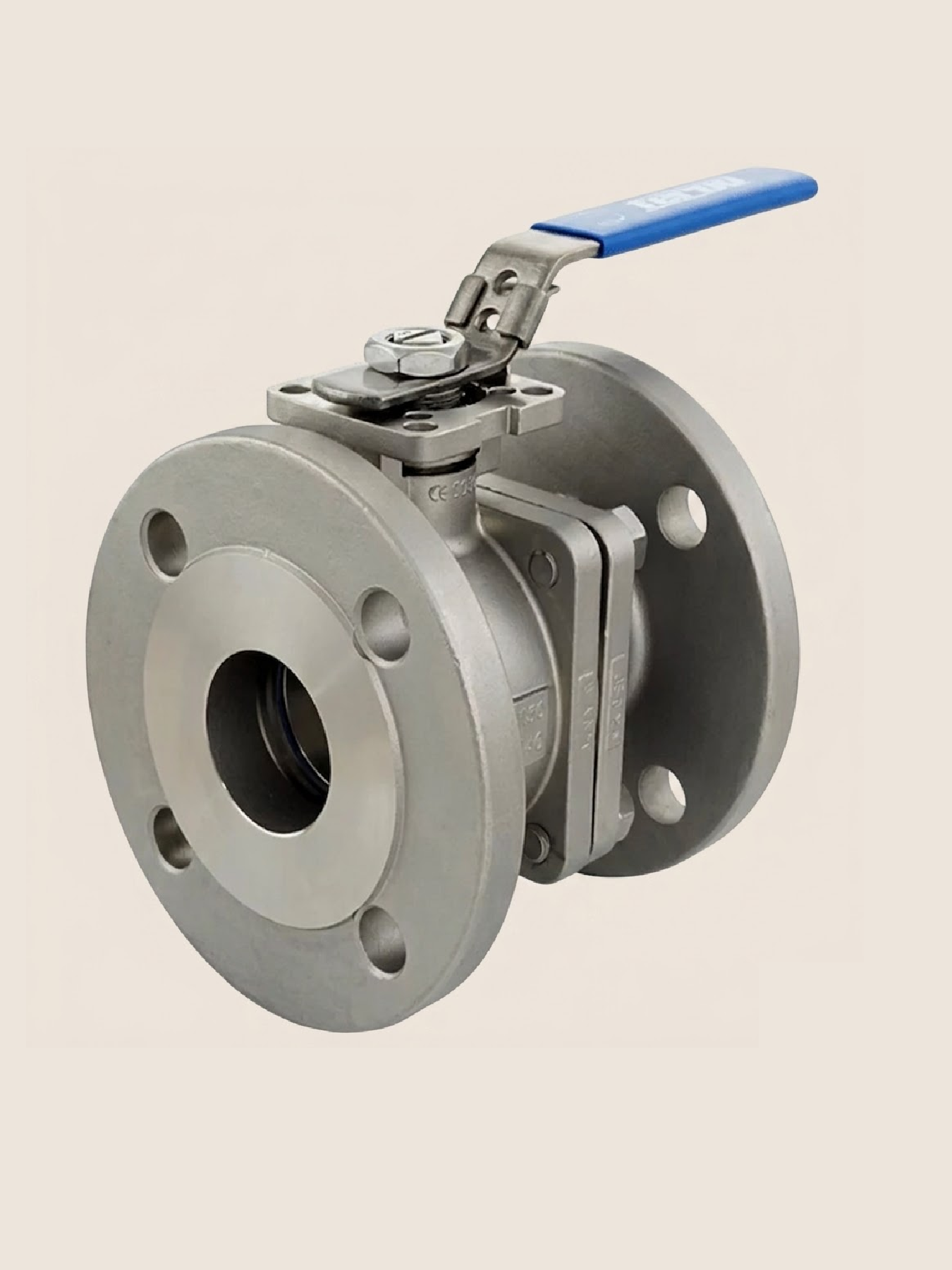 A metallic industrial valve with a blue handle, circular body with multiple bolt holes, and internal components, isolated on a plain background.