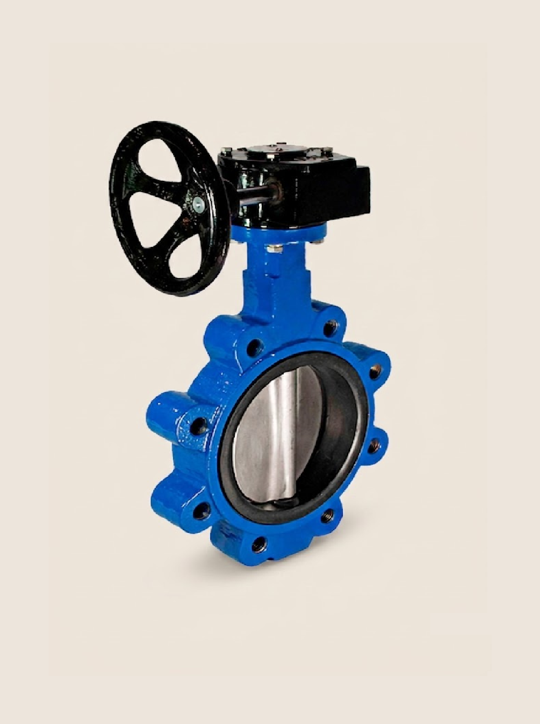 A large butterfly valve with a blue body and black handle, used for controlling fluid flow in pipelines.