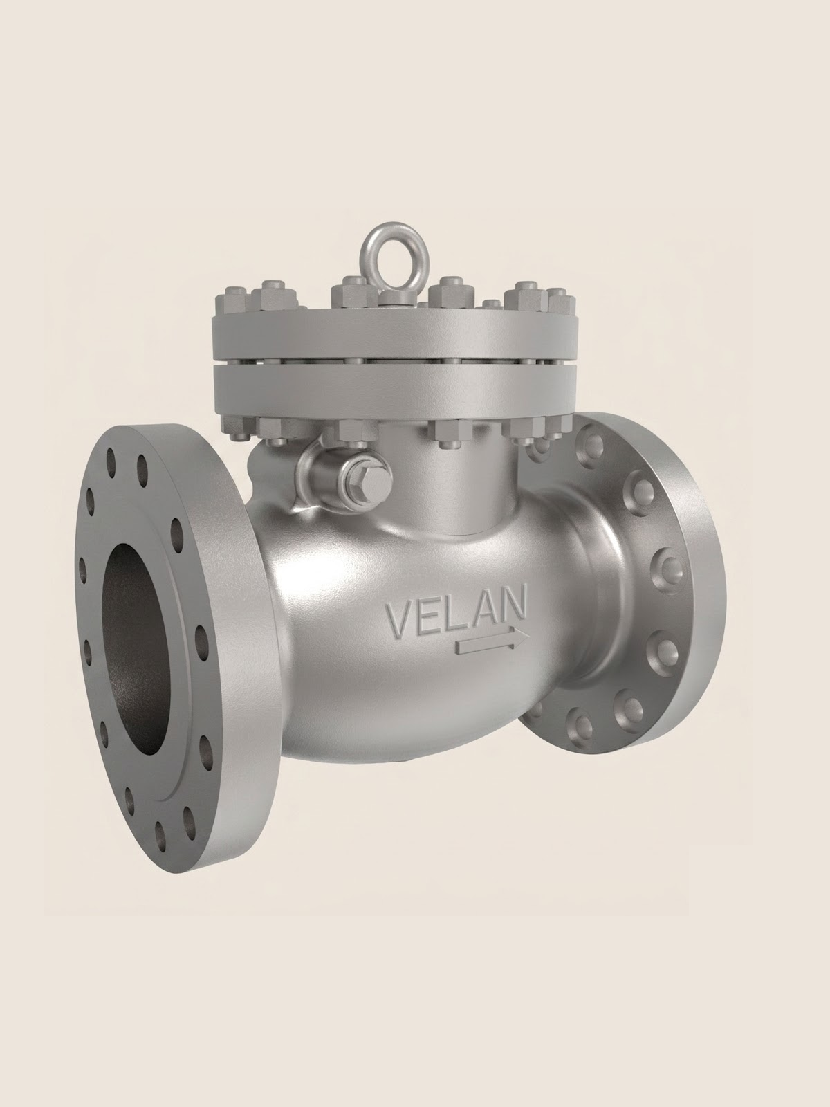 Metal check valve with flanged ends and the word 'VELAN' engraved on it.