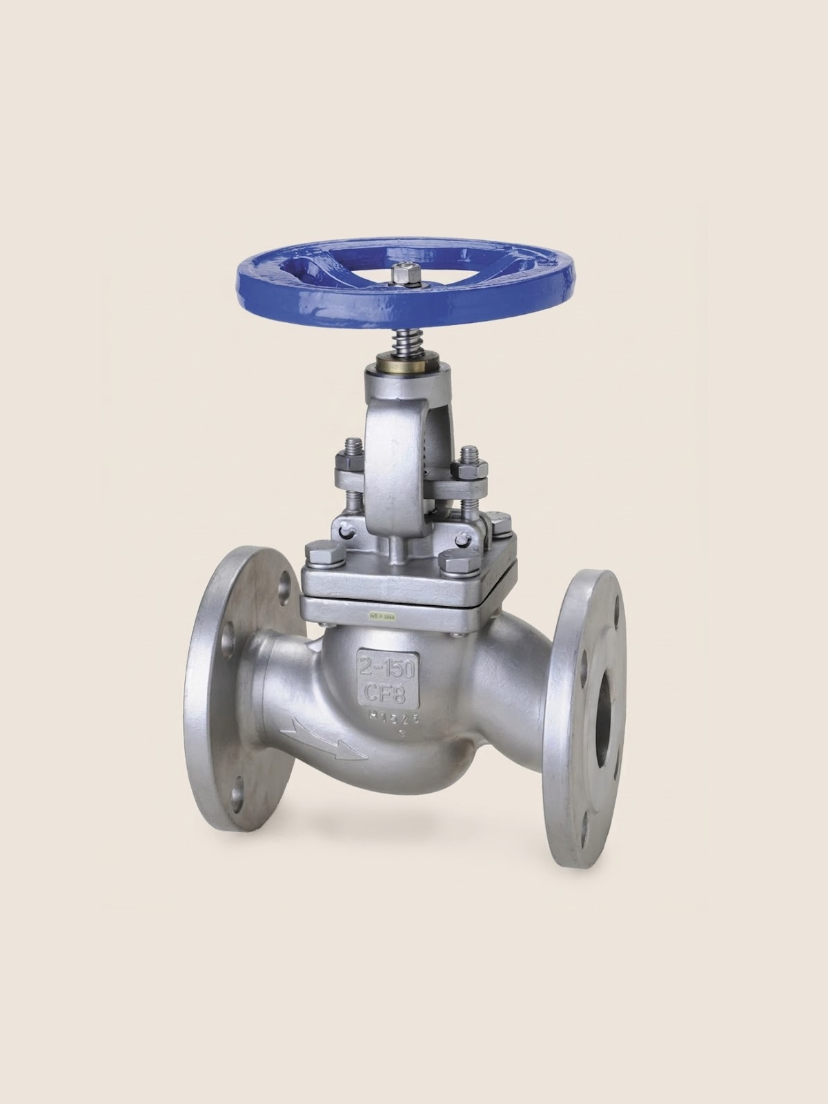 A metal gate valve with a blue round handwheel on top, connected to a pipe with flanged ends for connecting to a plumbing system.