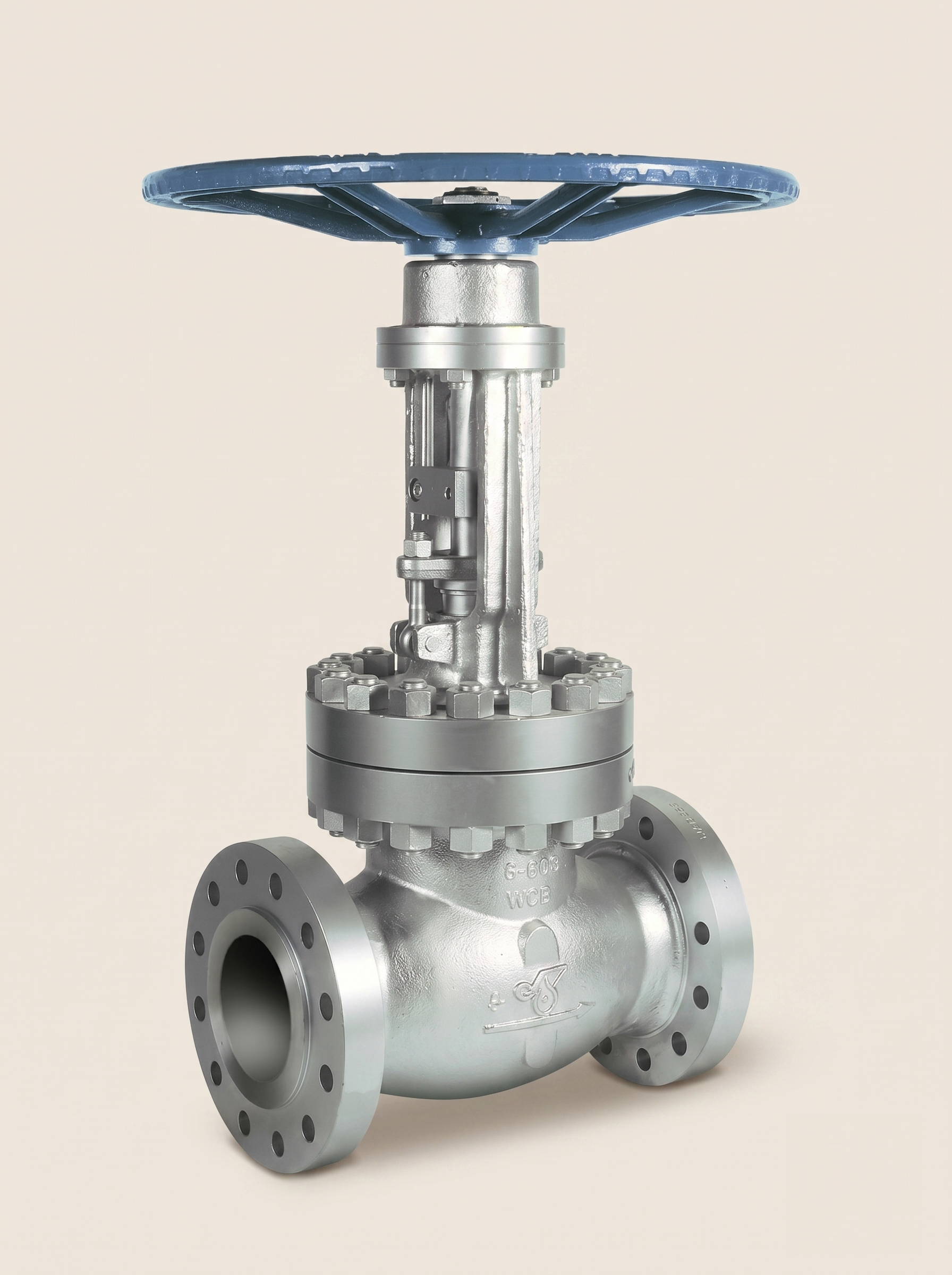 Metal industrial valve with flanged ends and a manual control mechanism.