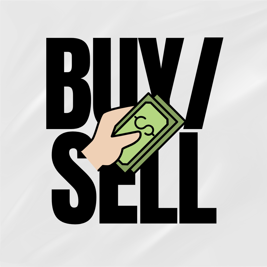 Illustration of a hand holding cash with the words 'Buy I Sell' in bold black letters in the background.