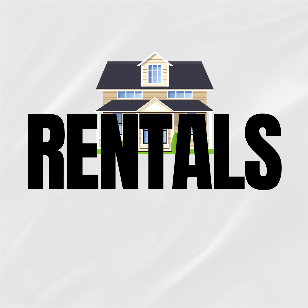 Illustration of a house with the word 'RENTALS' in bold black letters underneath.