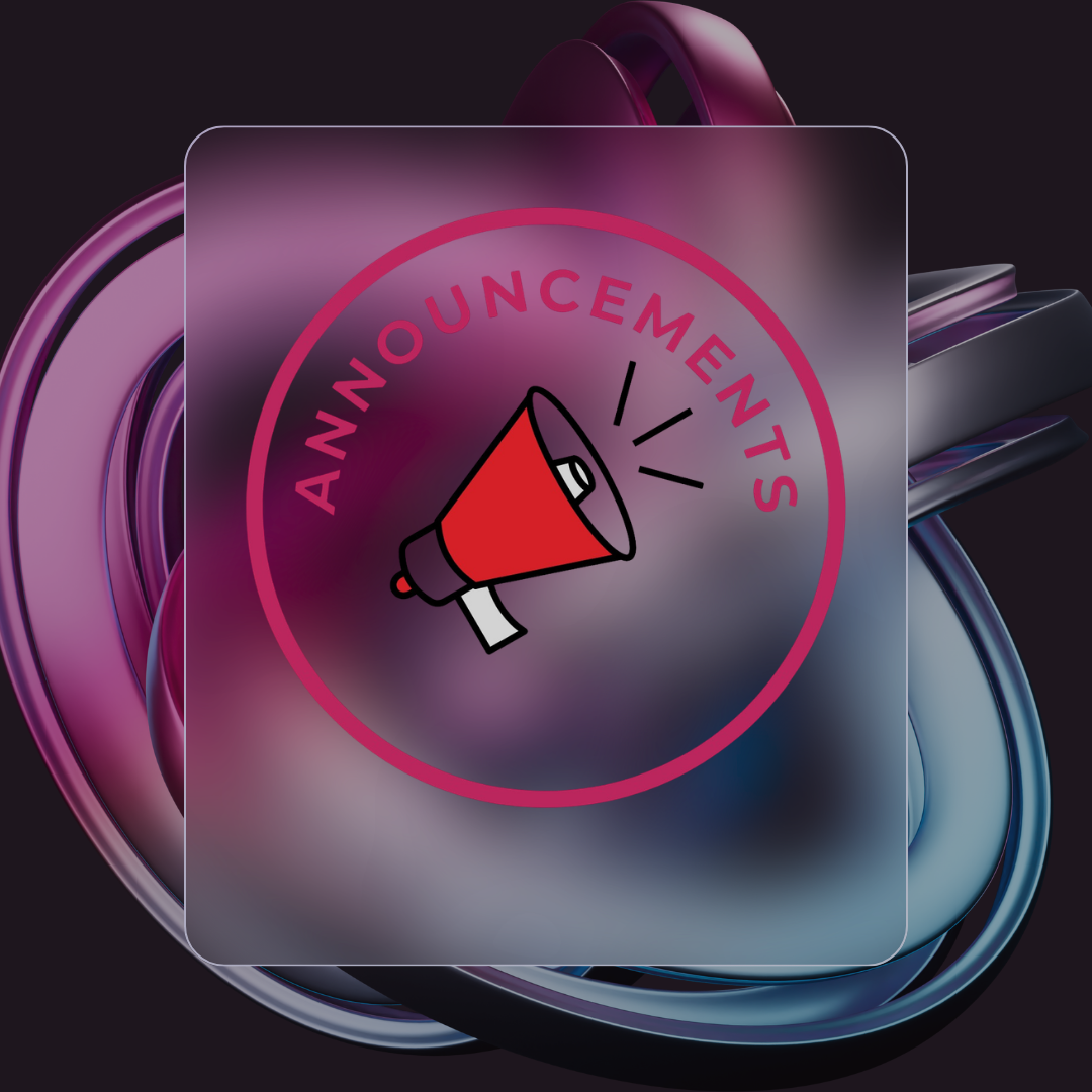 A notification icon with a red megaphone and the words "Announcement" in pink, displayed against a blurred background of colorful objects.