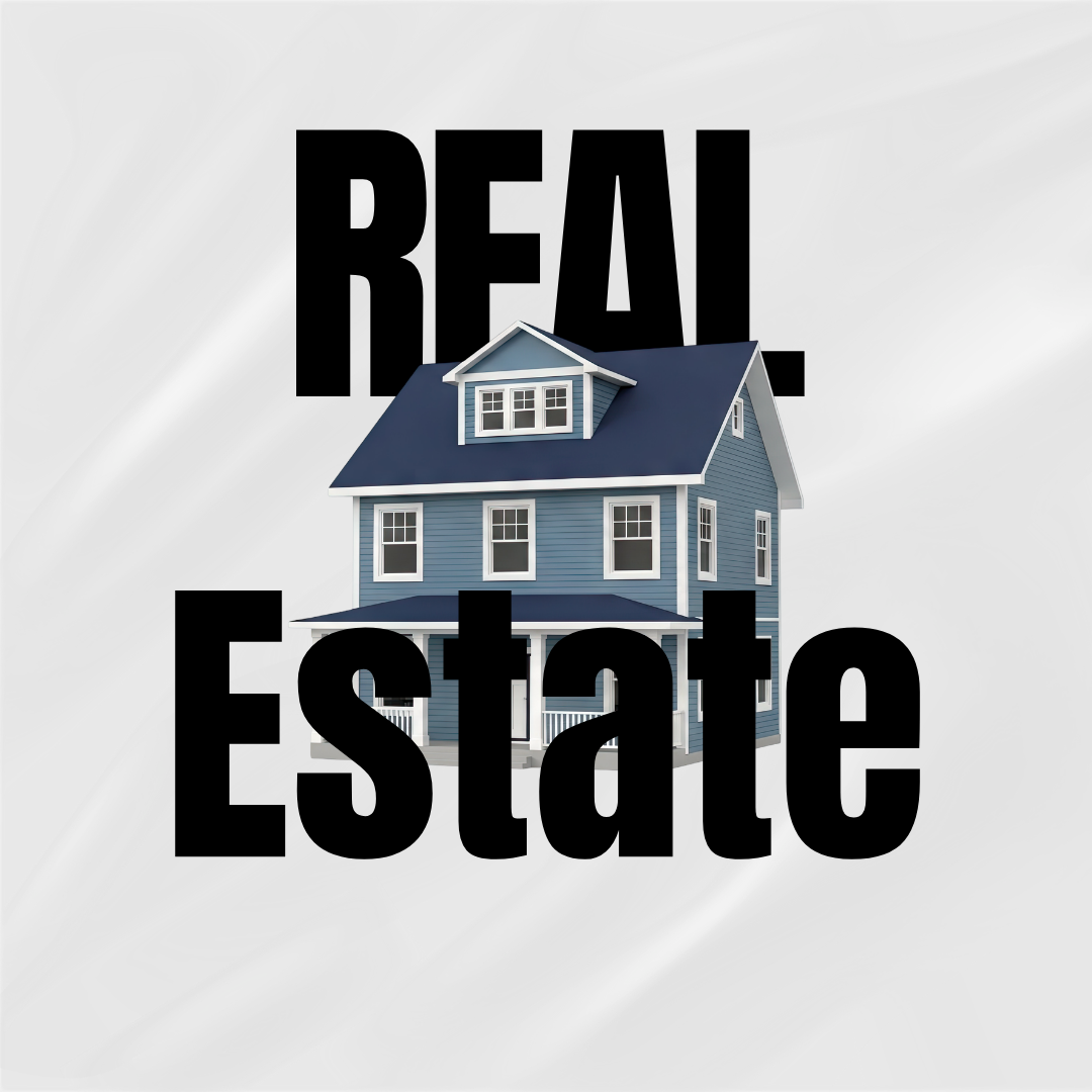 A blue house with white trim and a front porch, with the words 'Real Estate' in large black letters behind it.