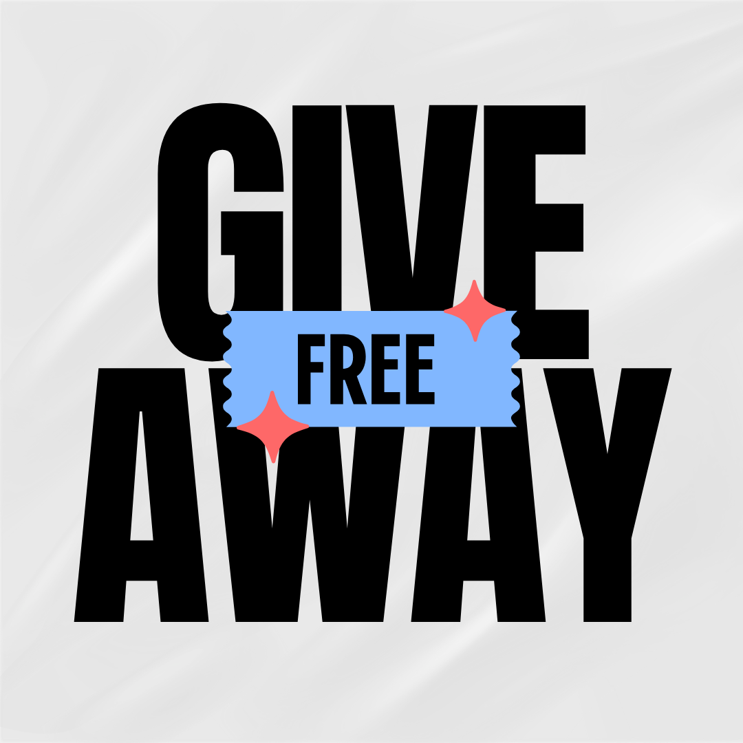 Text graphic with large black letters saying "GIVE AWAY," and a blue banner overlay with the word "FREE" and decorative red stars on each side.
