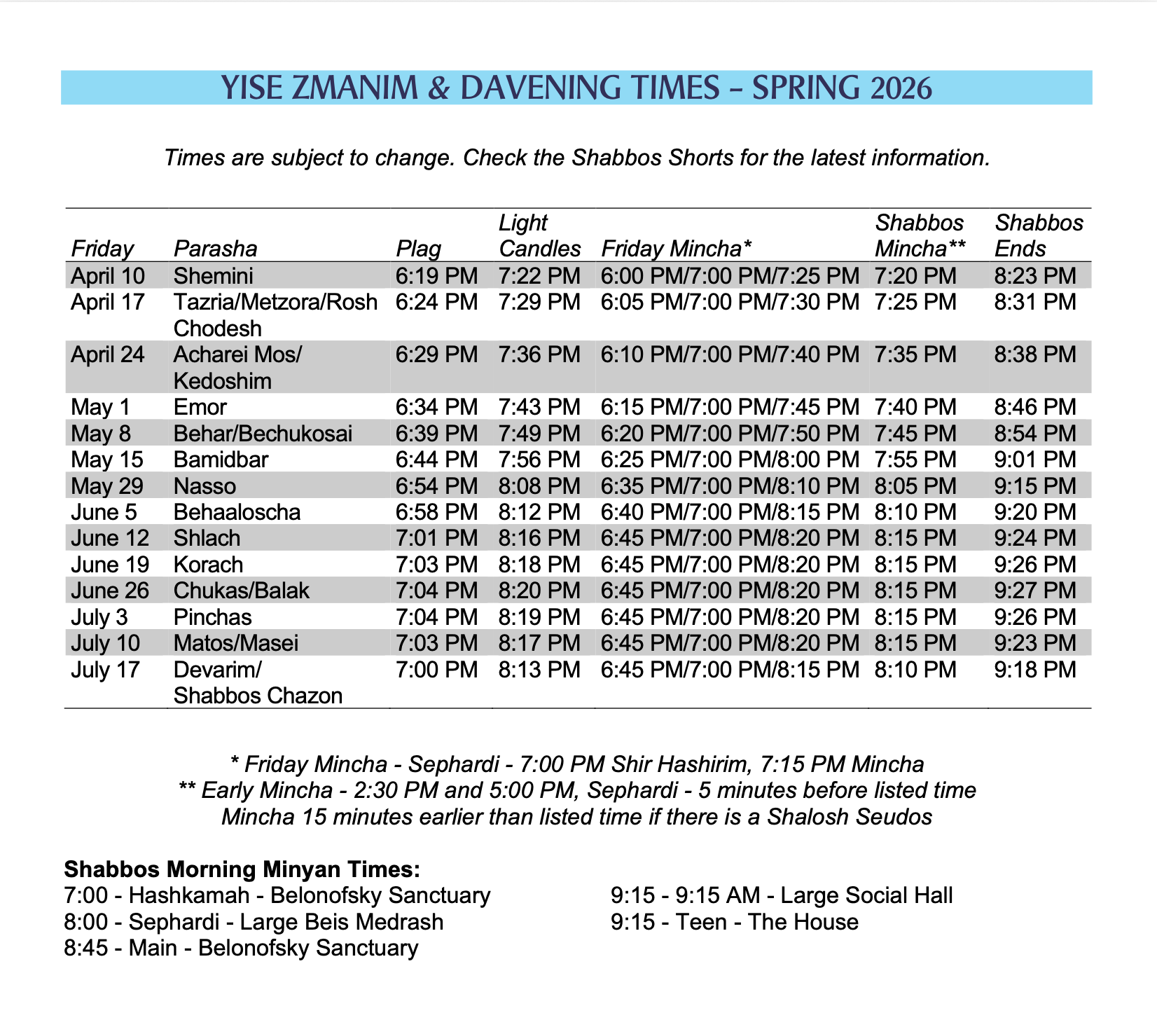Shabbat Schedules