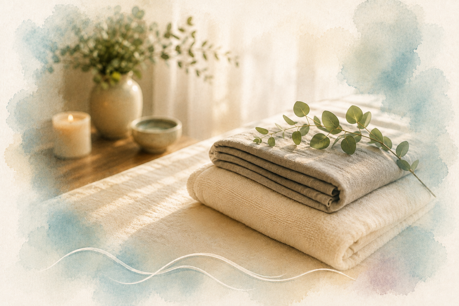 Massage table with folded linens in a calm treatment room.