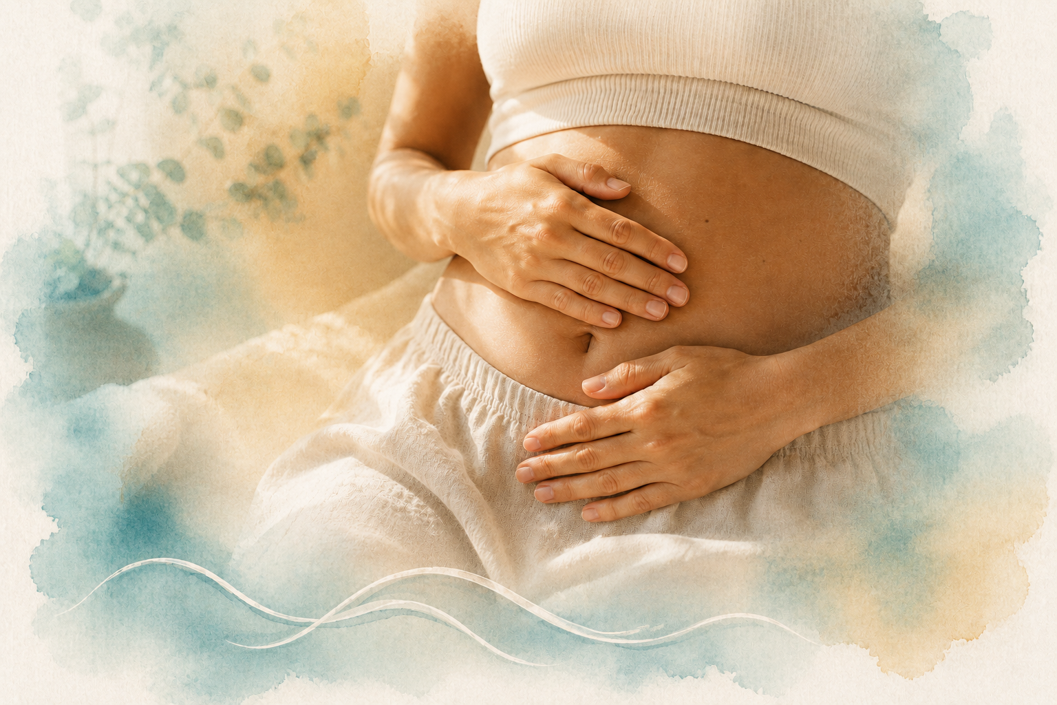 Hands resting on a woman's abdomen representing abdominal therapy for pelvic and digestive health.