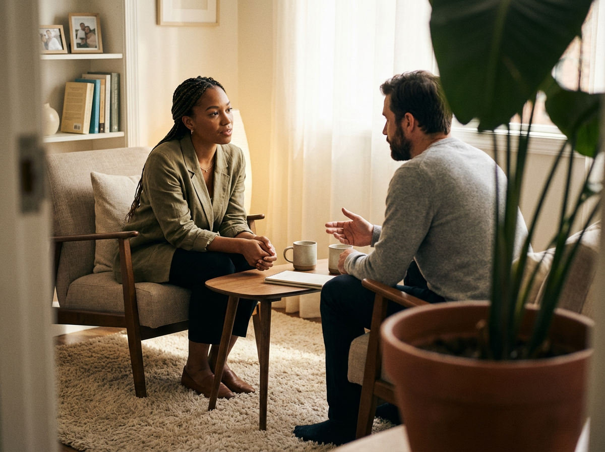 A woman and man having a conversation in a cozy living room, seated across from each other with coffee mugs on a small wooden table.