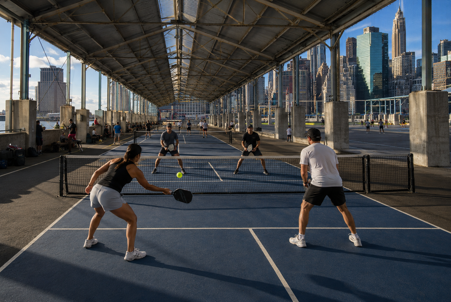 People playing pickleball on an outdoor court in an urban setting with a city skyline in the background.