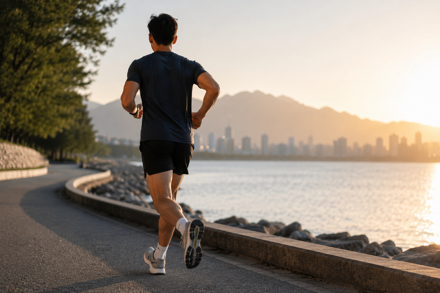 A man running along a paved waterfront path during sunset, with city skyline and mountains in the background.