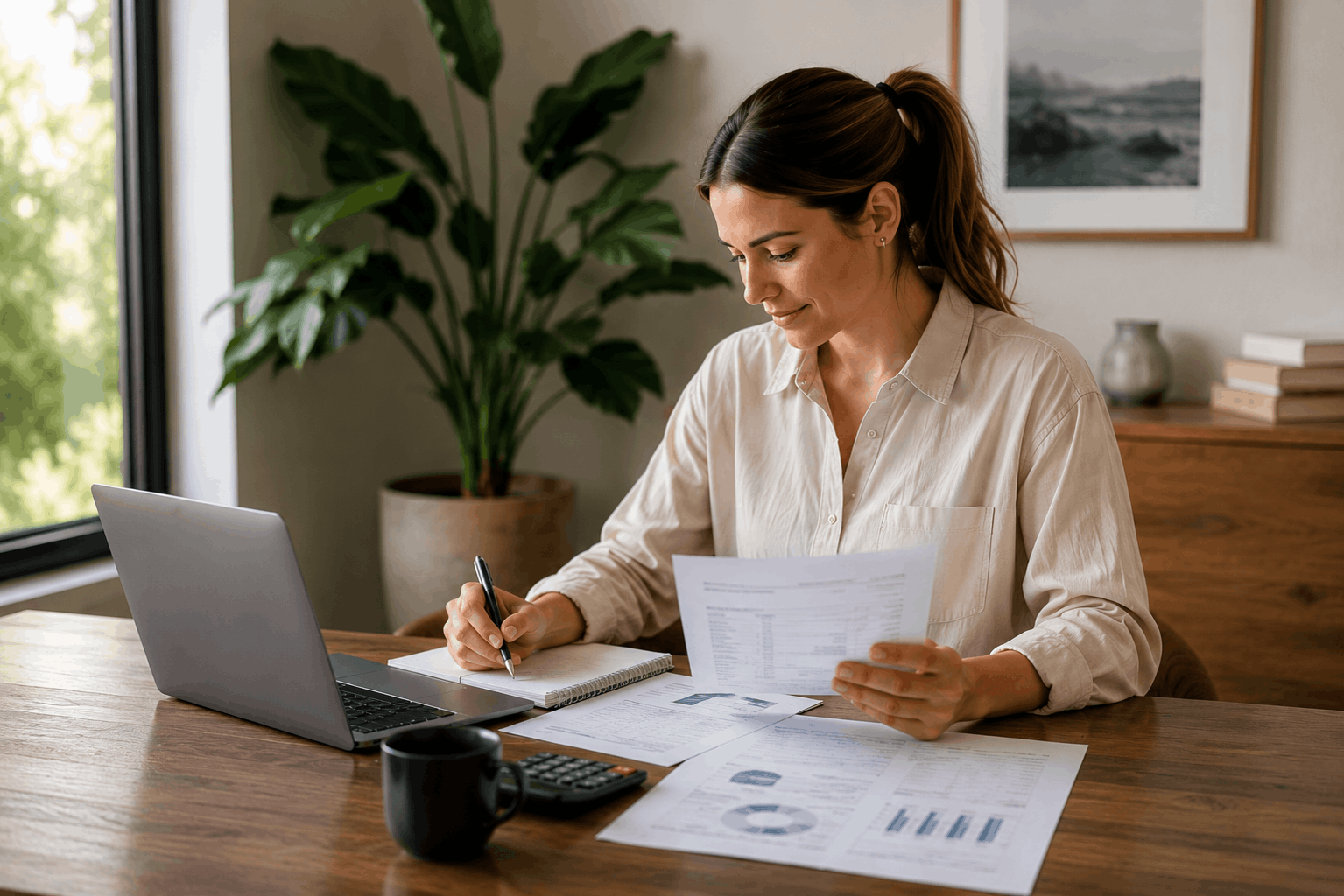 Woman working at a wooden desk with papers, a laptop, a notepad, a calculator, and a mug, in a room with a large window, lush greenery outside, and a framed landscape photo on the wall in Newcastle Australia