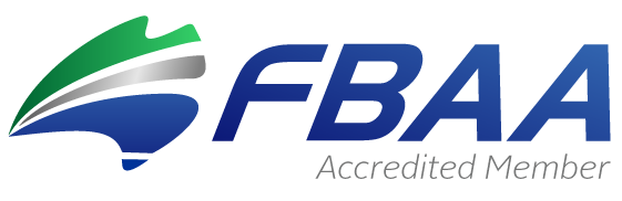 FBAA logo with a stylized plane and green, gray, and blue swooshes, and the text "FBAA Accredited Member".