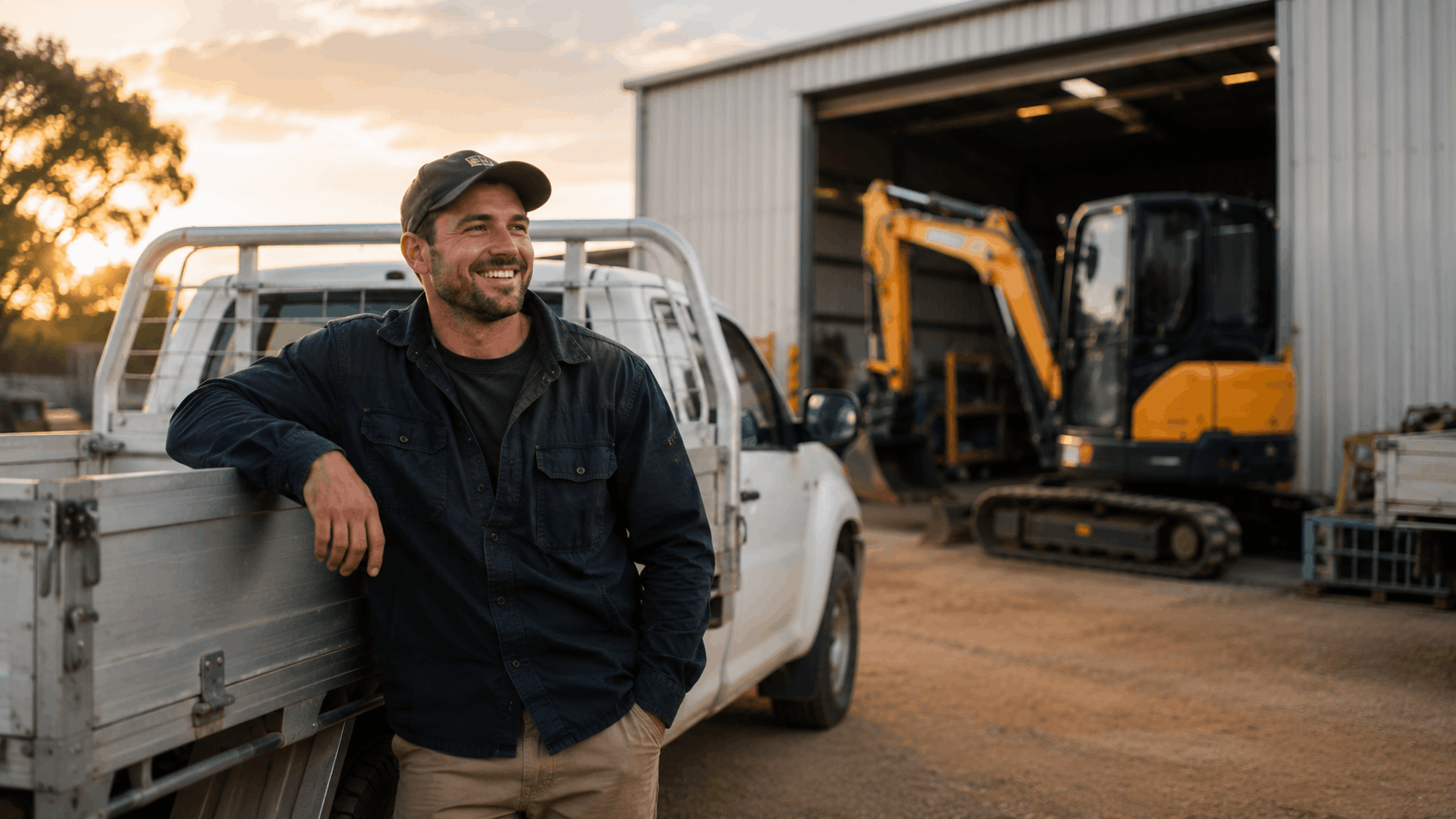 A man in a dark jacket and beige pants leaning on the side of a white pickup truck outside a large shed. Behind him, there is yellow and black construction equipment inside the shed, with a sunset sky in the background in Newcastle Australia