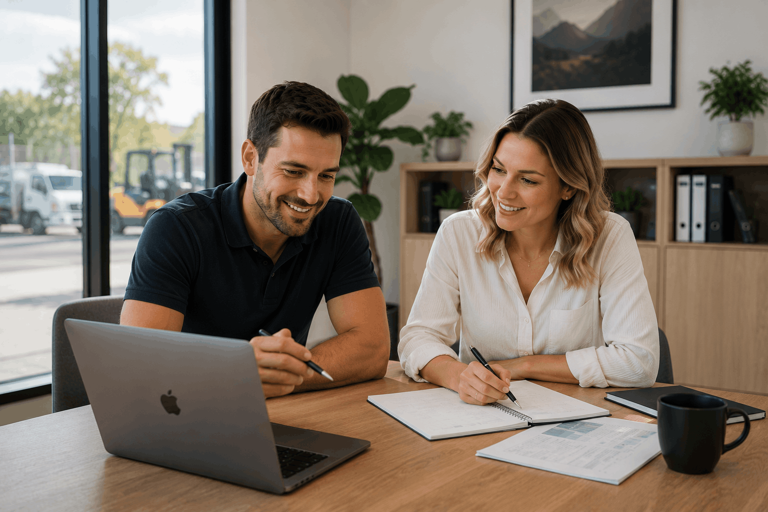A man and woman sitting at a table in an office, smiling and looking at a laptop. They have notebooks, papers, and a mug on the table.