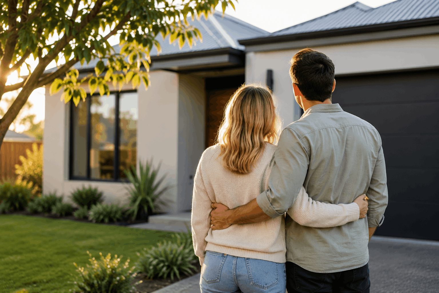 A couple standing close together outside in front of a modern house during sunset, holding each other and gazing at the home in Newcastle Australia