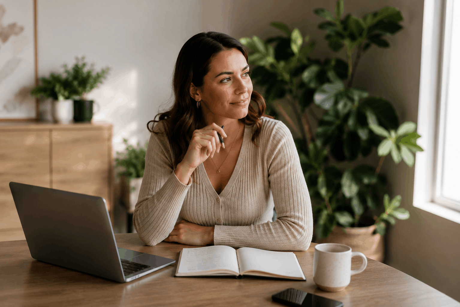 A woman sitting at a wooden table in a cozy, well-lit room, looking thoughtfully to the side, with a laptop, open notebook, coffee mug, and smartphone in front of her, surrounded by potted plants and warm decor in Newcastle Australia
