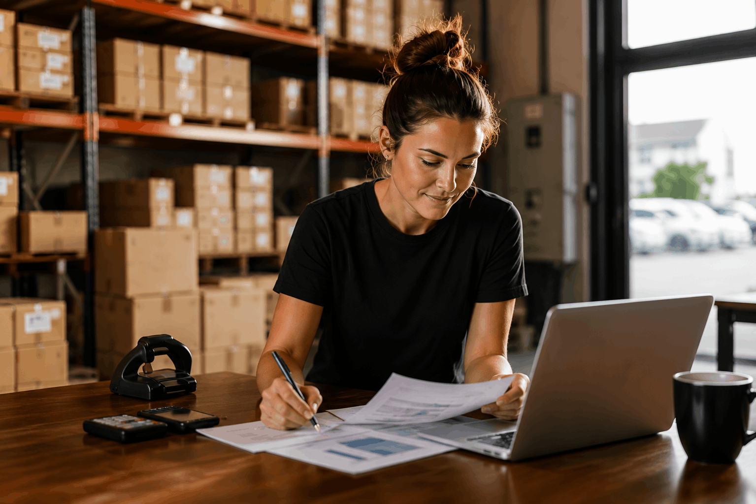 Woman working at a desk in a warehouse, reviewing documents with a laptop, calculator, and coffee mug on the desk in Newcastle Australia