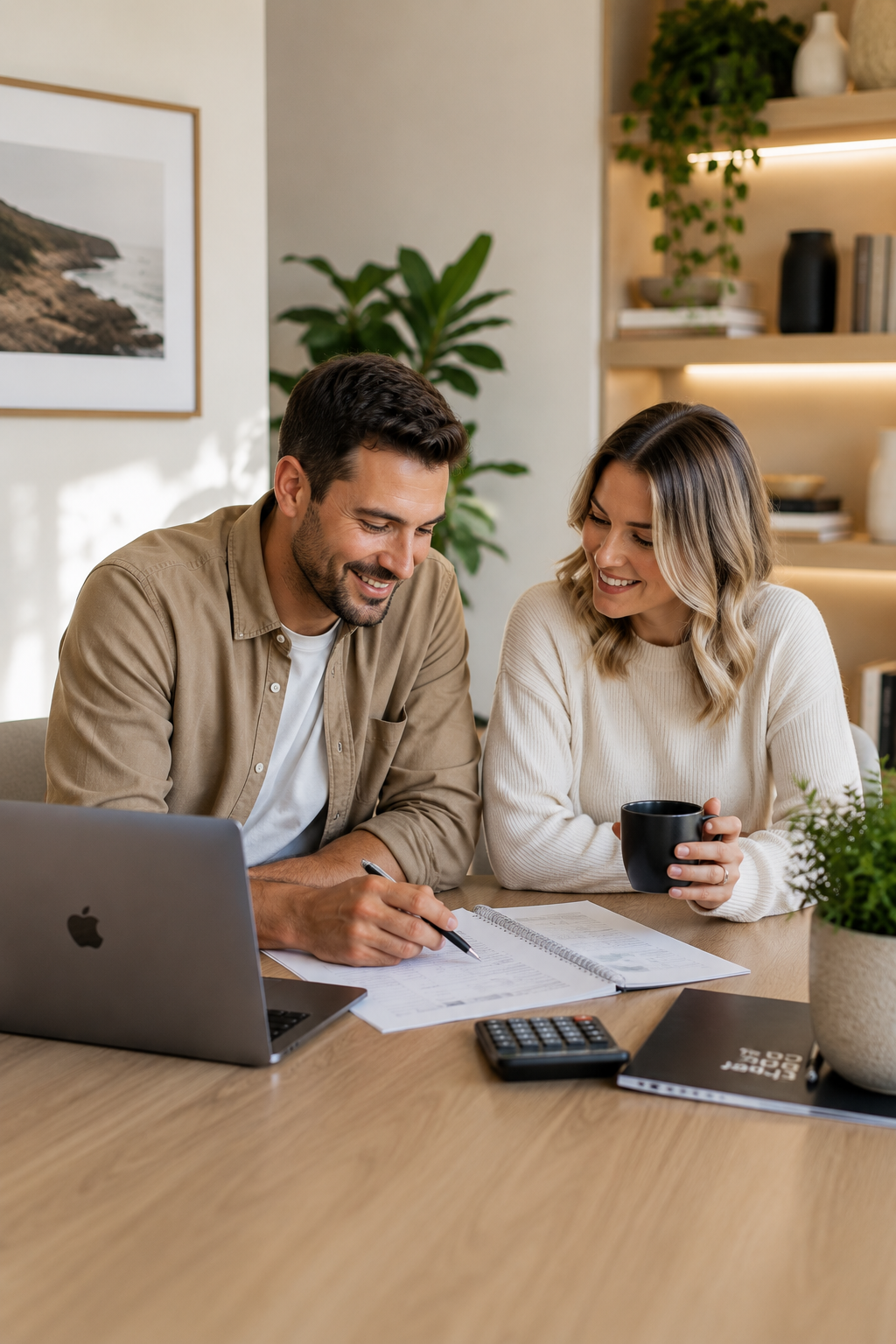 A man and woman sitting at a table working together, with a laptop, documents, calculator, and a coffee mug, in a cozy, well-lit room with plants and shelves.