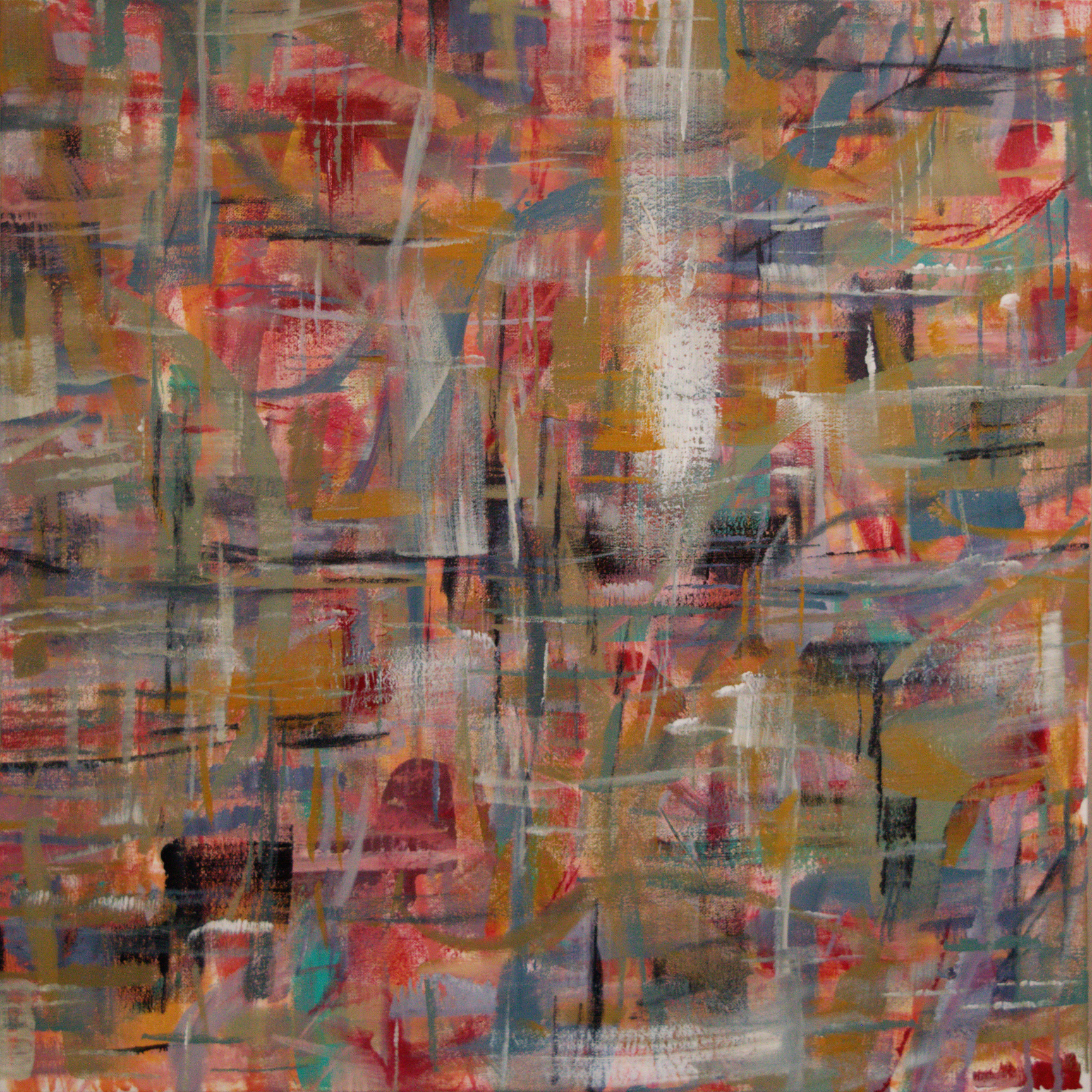 Abstract painting with multicolored brushstrokes in shades of red, pink, orange, green, yellow, blue, and black. The artwork features layered, overlapping areas with textured and blended paint, creating a dynamic and vibrant composition.