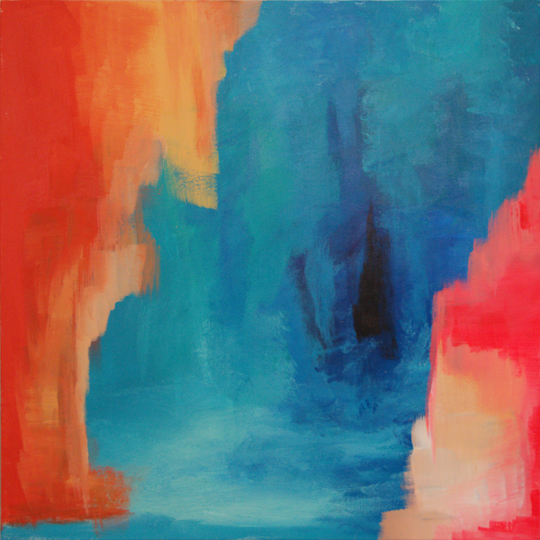 Abstract painting with bold strokes of bright orange, blue, teal, and red colors blending together.
