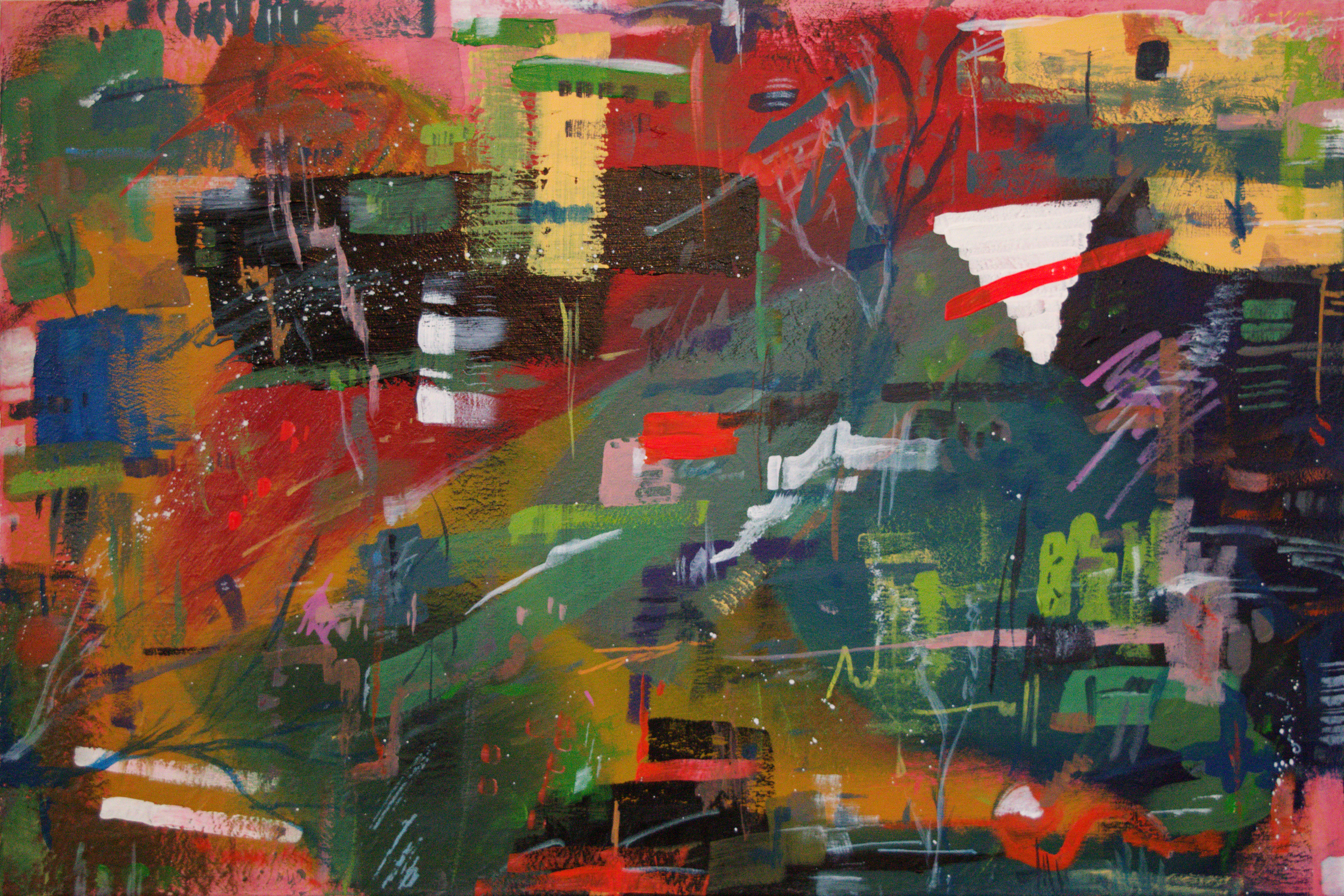 An abstract painting with bold brushstrokes of red, green, black, white, yellow, and pink. The composition includes various shapes and splatters, creating a dynamic and layered appearance.