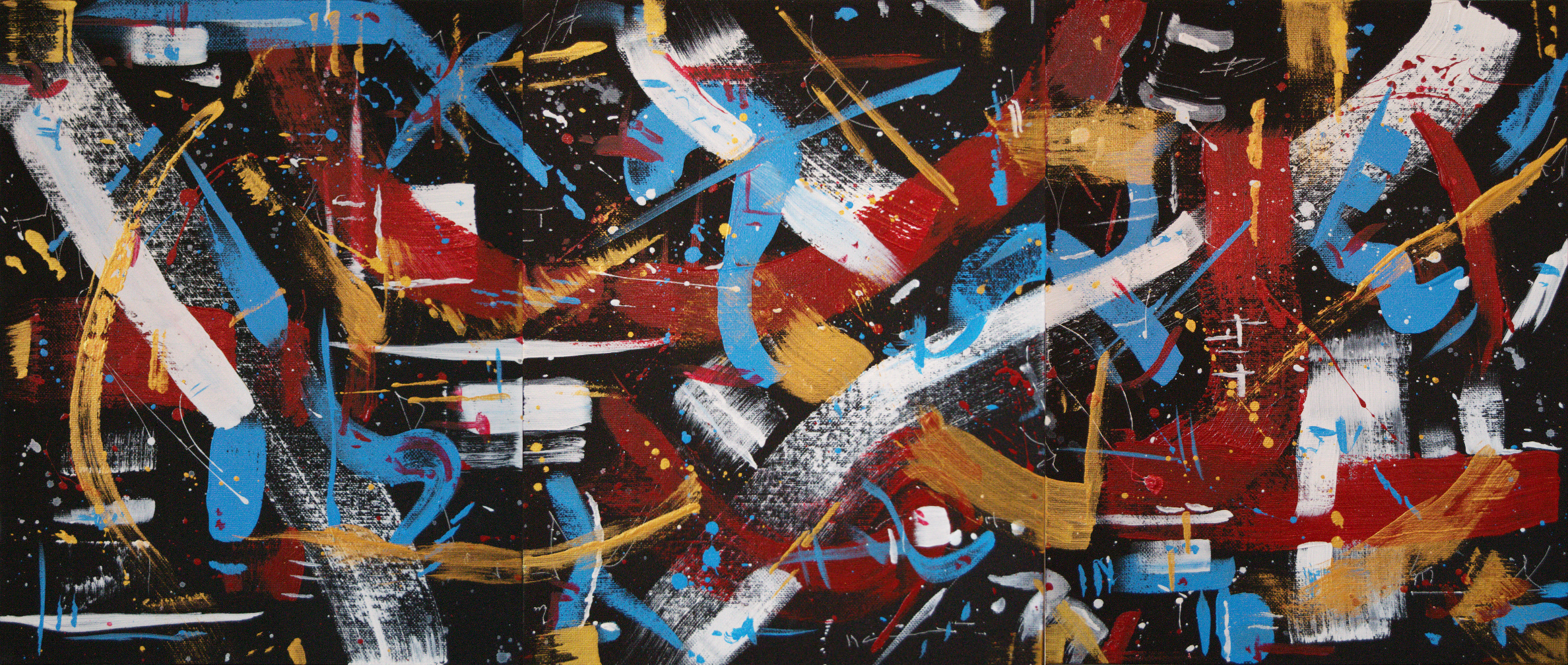 Abstract expressionist painting with vibrant splashes and strokes of red, blue, white, black, and gold on a black background.