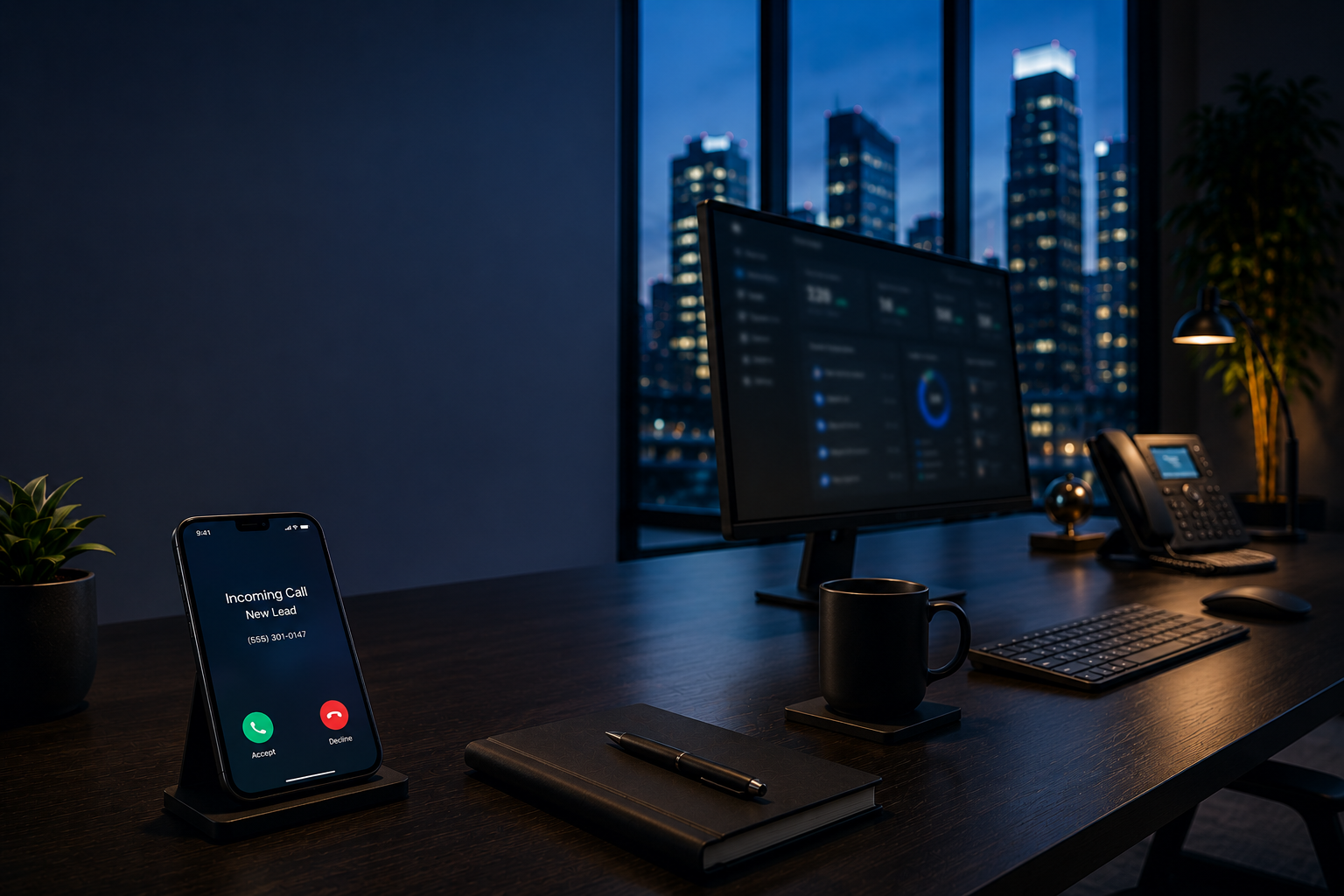 An office desk with a computer monitor displaying financial data, a smartphone showing an incoming call from a new lead, a coffee mug, a notebook with a pen, a desk phone, a small potted plant, and a workspace illuminated by a desk lamp, with a city skyline visible through the window at night.