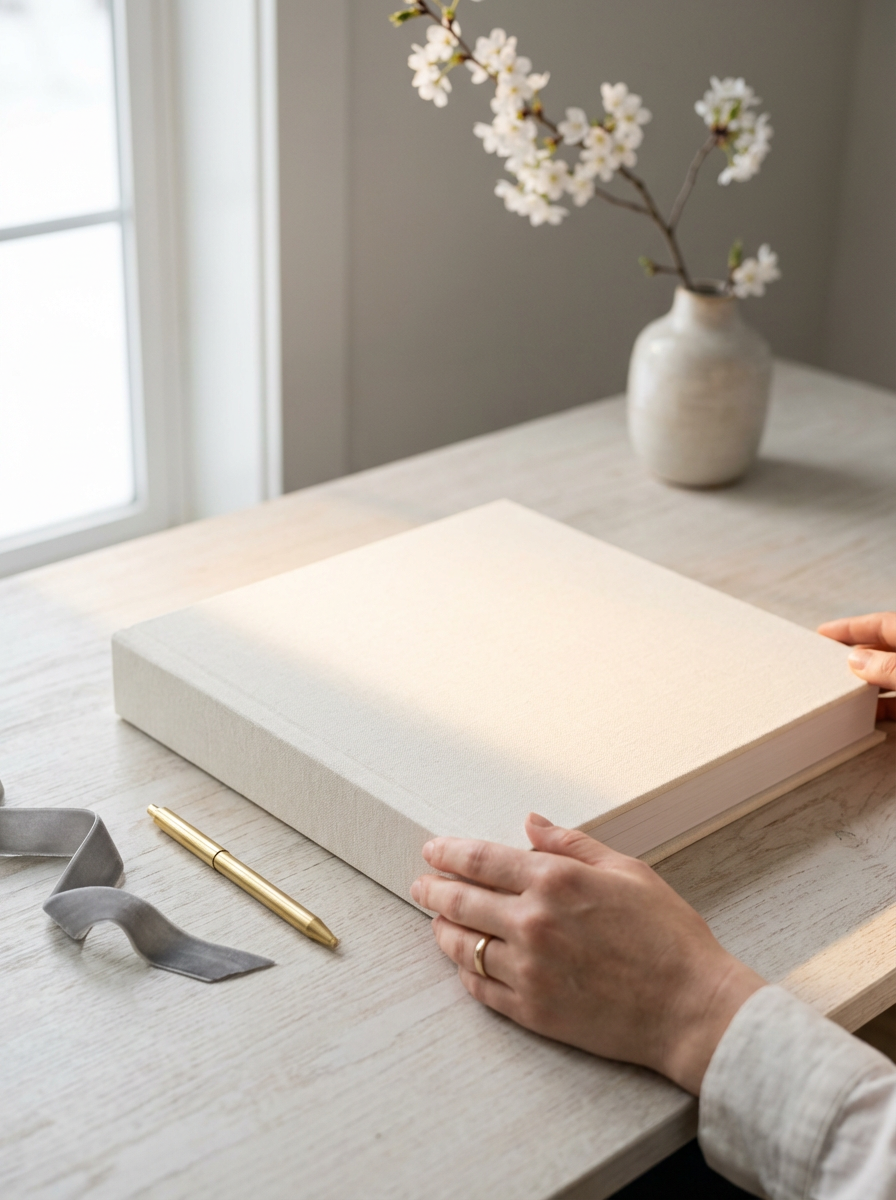 A person holding a blank canvas on a light wooden table, near a gold pen and a gray ribbon, with a white vase of cherry blossoms in the background.