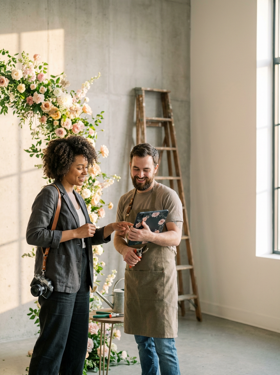Two people, a woman and a man, are smiling and looking at a tablet in a bright indoor space with floral arrangements and a wooden ladder in the background.
