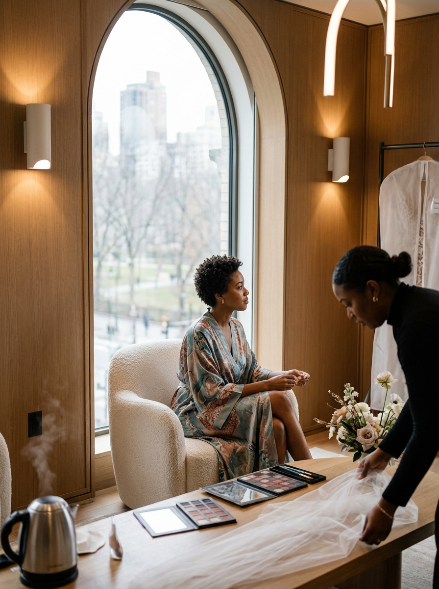 A woman in a colorful robe sitting on a cream-colored armchair near a large arched window with a cityscape view, as another woman prepares a white wedding dress and floral arrangements on a wooden table in a warmly lit room.