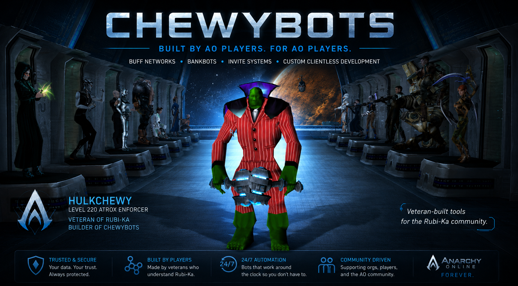 Marketing poster for ChewyBots, featuring a robotic figure with a green face in a red striped suit holding a futuristic vehicle. Background shows a space station display of various bot figures. Text highlighting features like built by players, trusted and secure, and community driven, with the game logo 'Anarchy Online Forever'.