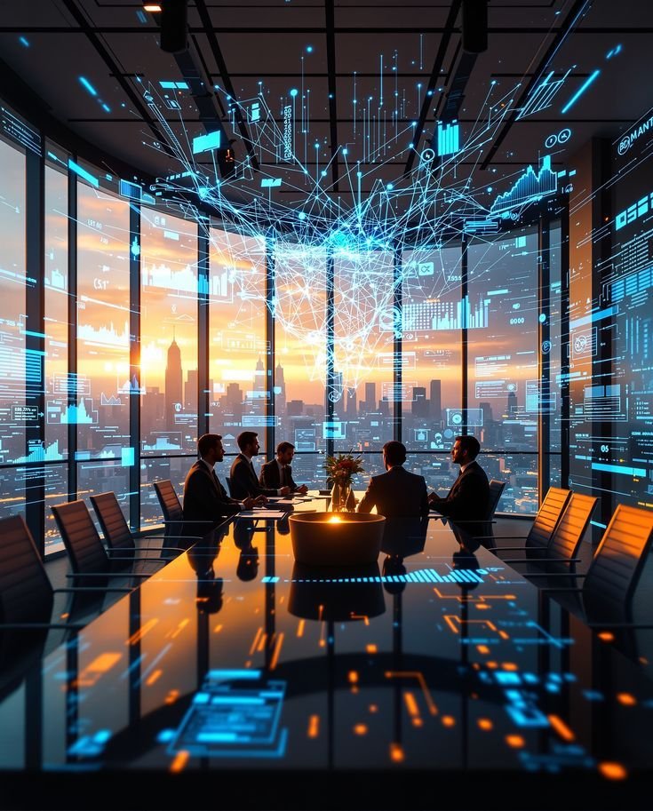 Reunión de negocios en una sala con ventanas grandes y vista urbana, con gráficos y conexiones digitales futuristas proyectados en las ventanas y techo.