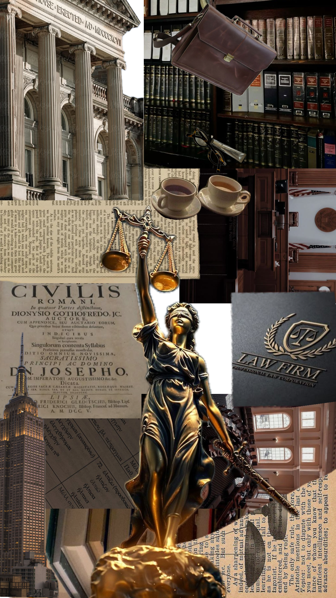 Collage de elementos relacionados con la ley y la justicia: un edificio de estilo clásico con columnas, una estatuilla de la justicia con balanza, libros de derecho, una firma de abogados, una ciudad con edificios altos, una sala de audiencias y documentos legales.