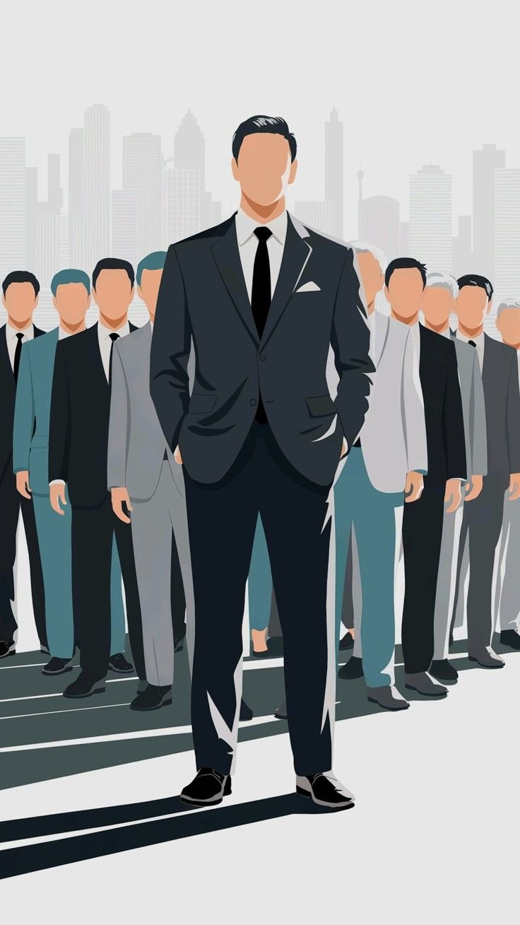 Ilustración de un grupo de hombres de negocios vestidos con trajes, con un hombre en primer plano que lleva un traje oscuro y de cabello oscuro, en un paisaje urbano con edificios altos al fondo.