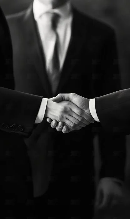 Dos personas con trajes formales dándose la mano en un gesto de acuerdo.