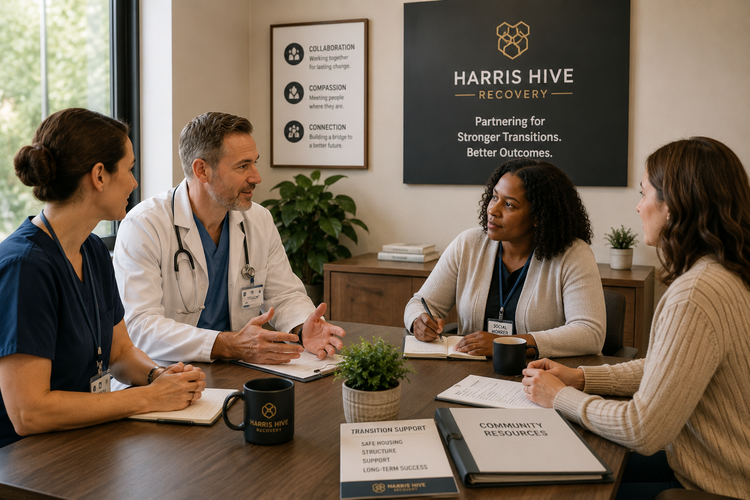 Group of four diverse adults, including healthcare professionals, having a meeting in a conference room at Harris Hive Recovery. They are discussing transition support and community resources, with signs and plants in the background.