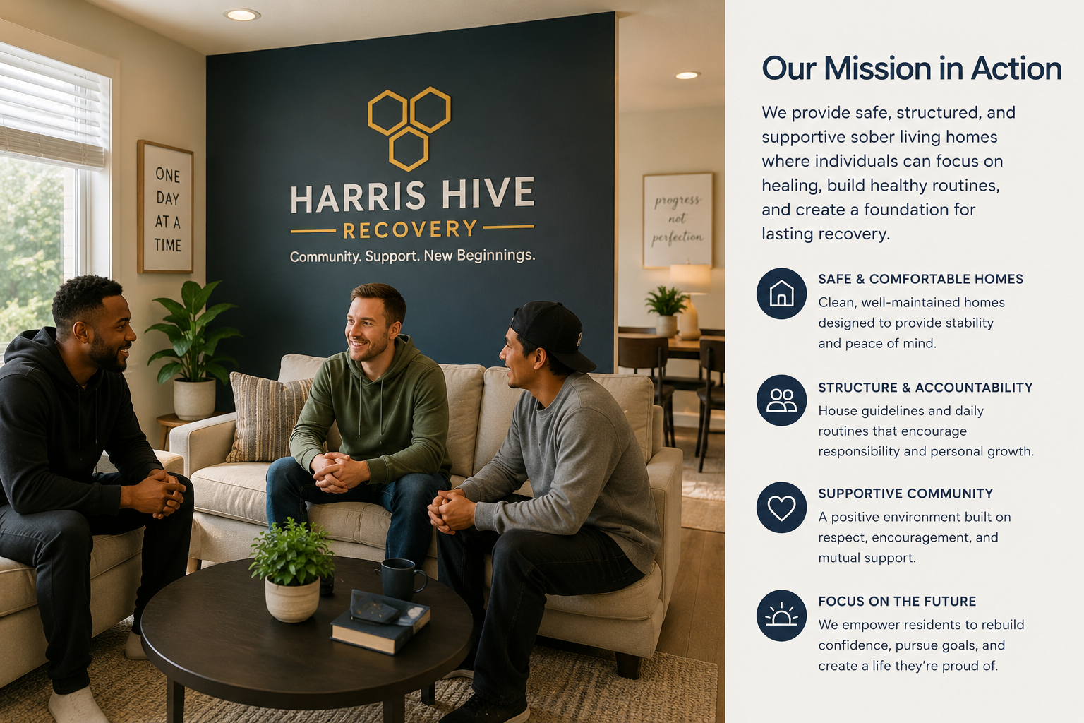 Three men sitting and talking in a living room with a blue accent wall that has the Harris Hive Recovery logo and slogan. The room is well-lit with natural light from windows, decorated with potted plants and motivational signs.