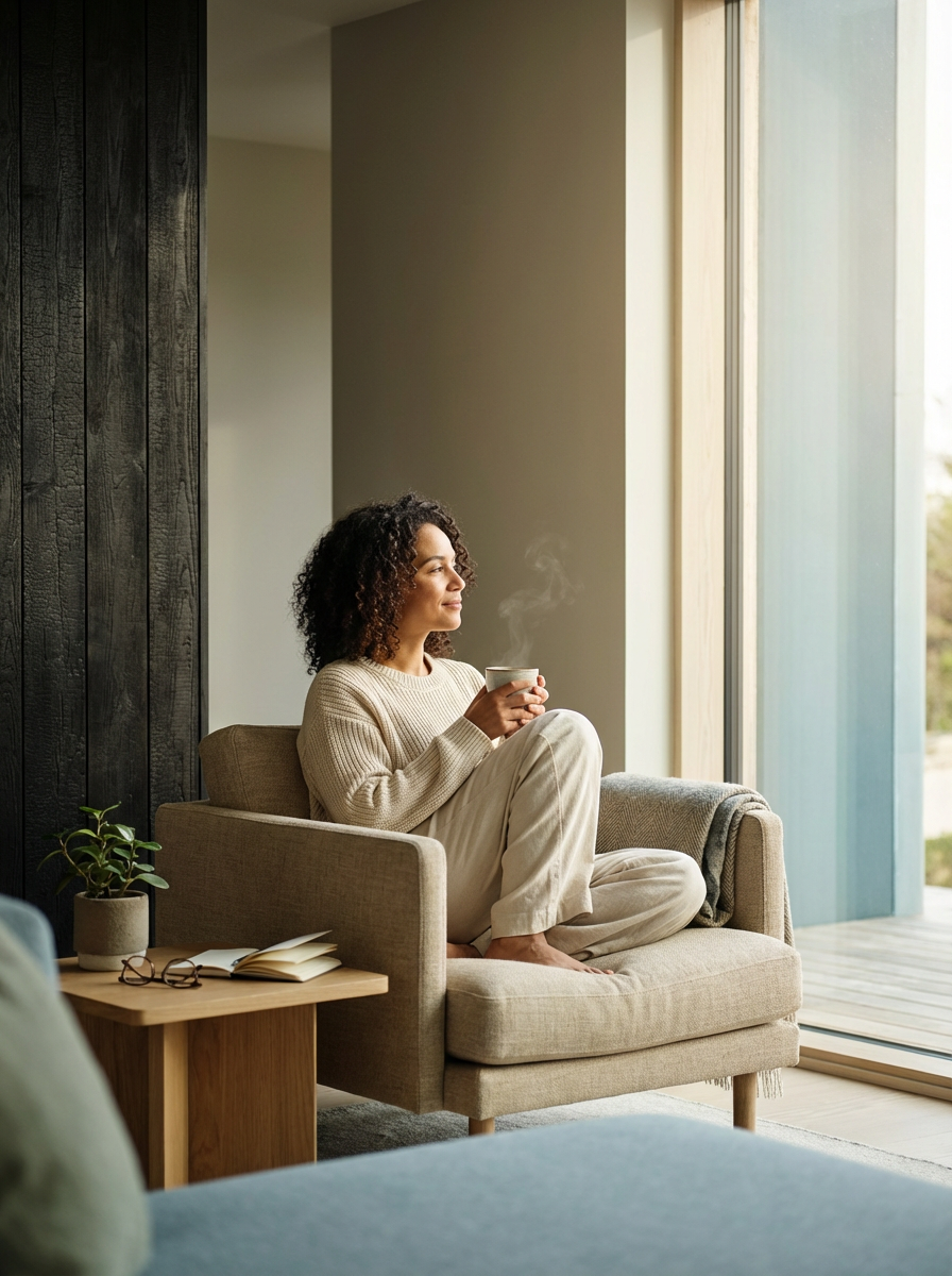 A woman sitting in a beige armchair by a large window, holding a steaming coffee mug, looking outside peacefully.