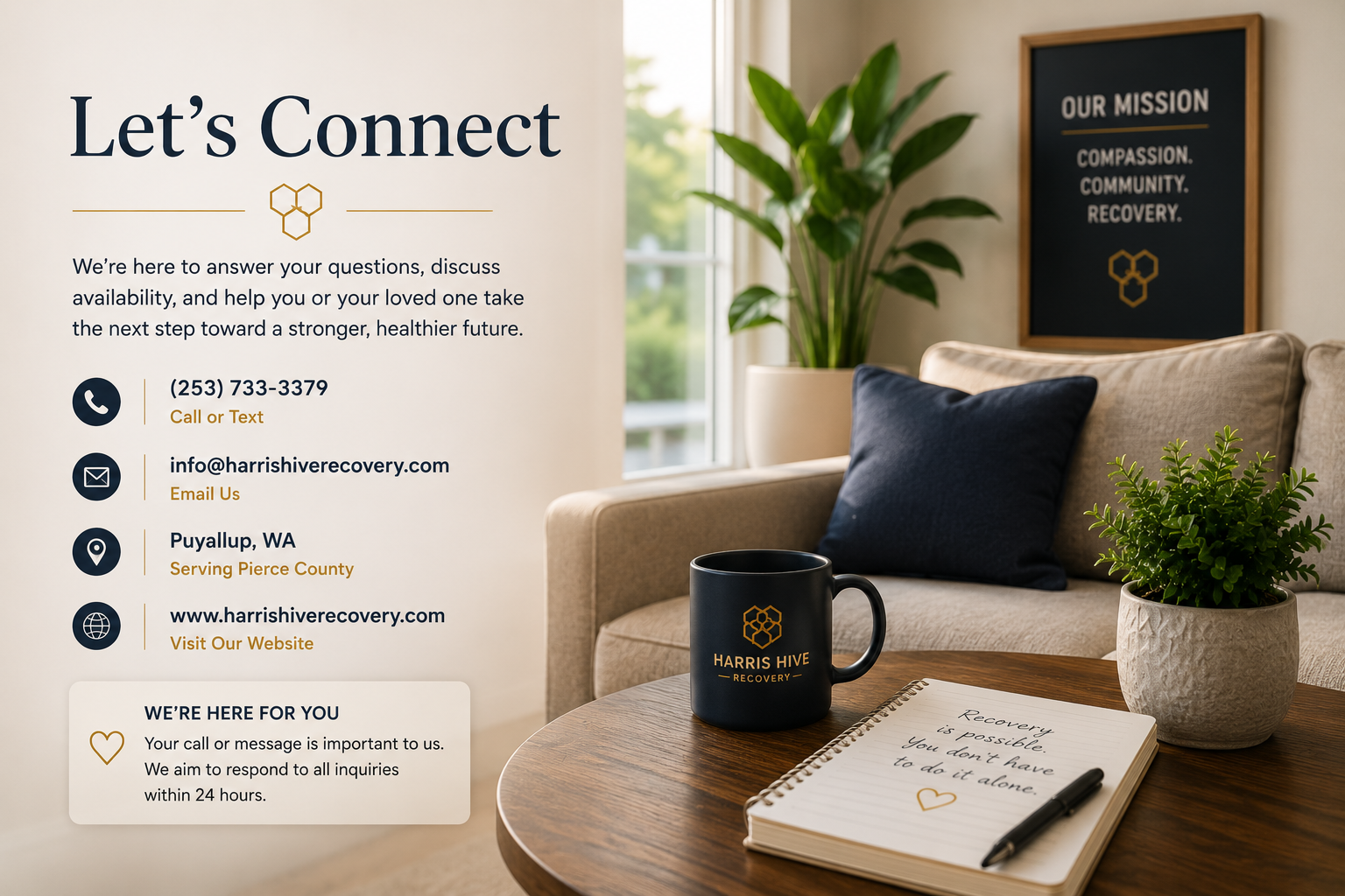 Information display on a beige wall with contact details for Harris Hive Recovery, including phone number, email, location in Puyallup, Washington, and website. There is a black mug with Harris Hive Recovery logo, a notebook with a handwritten message about recovery, a pen, and a potted green plant on a wooden table. A beige sofa with a dark blue pillow is in the background, along with a framed sign that reads 'Our Mission: Compassion, Community, Recovery' and a large window letting in natural light.