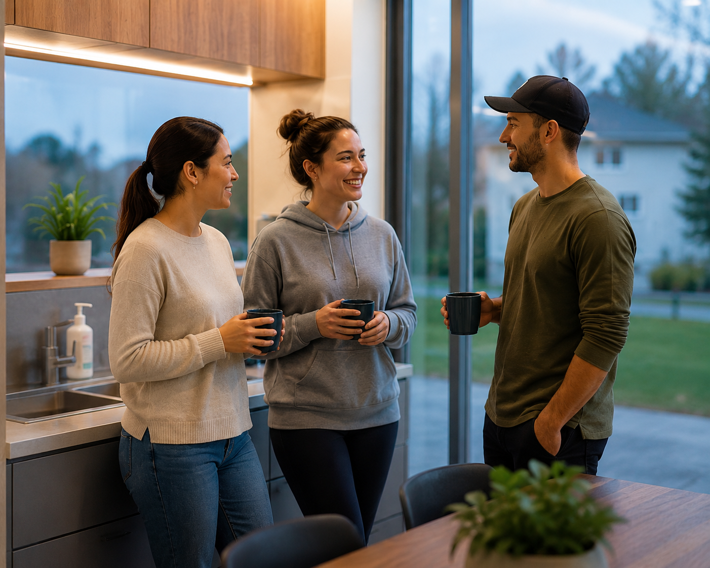 Three people smiling and talking while holding coffee mugs in a kitchen with large windows showing a yard outside, during daylight.