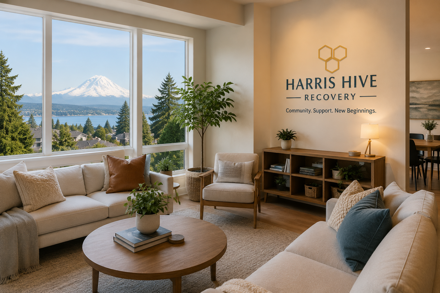 Living room with large windows showing a mountain and trees, beige sofas with pillows, a round wooden coffee table with books and a plant, a wooden sideboard with plants and a lamp, and a wall with the Harris Hive Recovery logo.