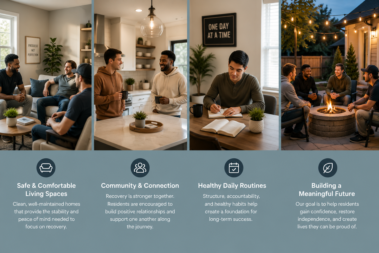 A collage of four images showing groups of young adults socializing and engaging in activities: three men sitting on couches and chatting indoors, two men chatting with coffee mugs in a kitchen, a man writing in a notebook at a table, and four men sitting around a firepit outside at night. Below the images are four icons with captions: "Safe & Comfortable Living Spaces," "Community & Connection," "Healthy Daily Routines," and "Building a Meaningful Future."
